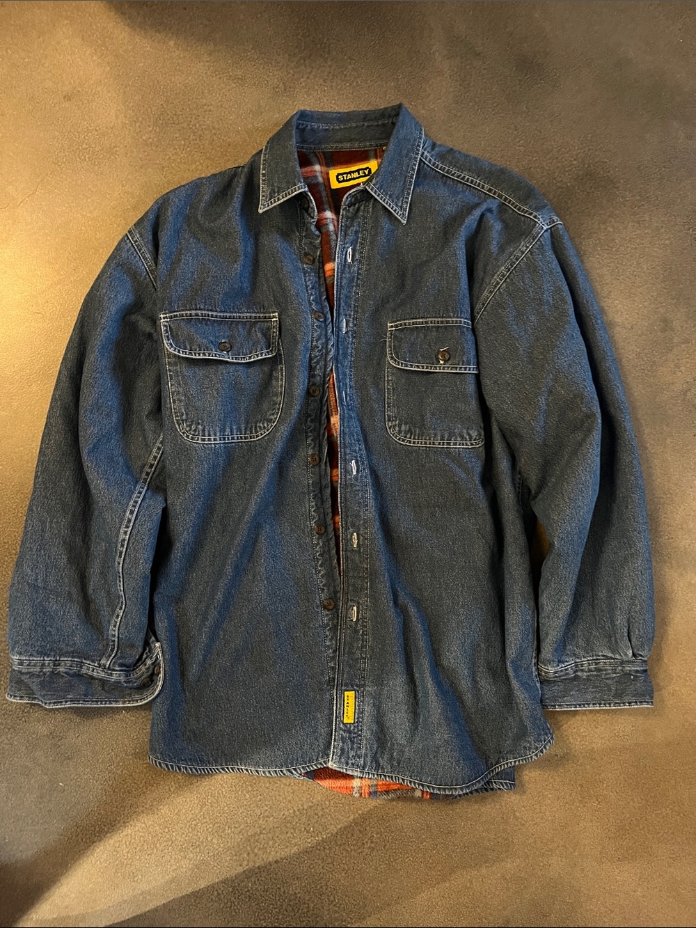 Stanley Men’s Dark Blue Denim Shirt Jacket with Plaid Lining Size Large